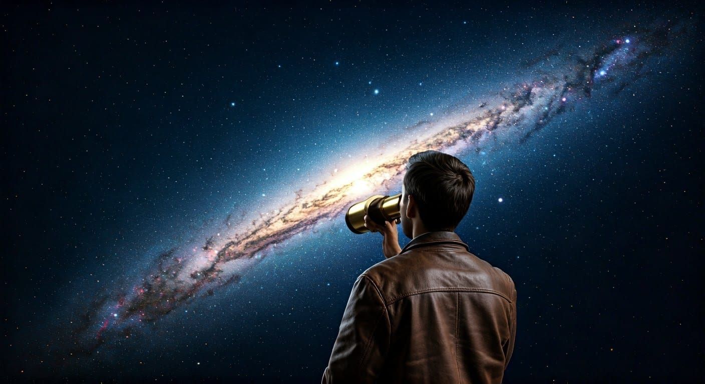 Astronomer Observes Starry Night Sky in Futuristic Style