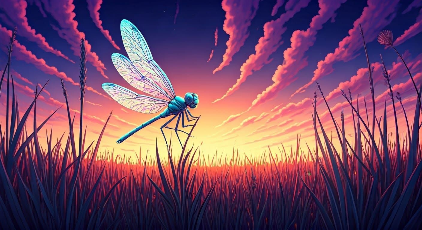 Iridescent Dragonfly in Summer Meadow, Digital Art