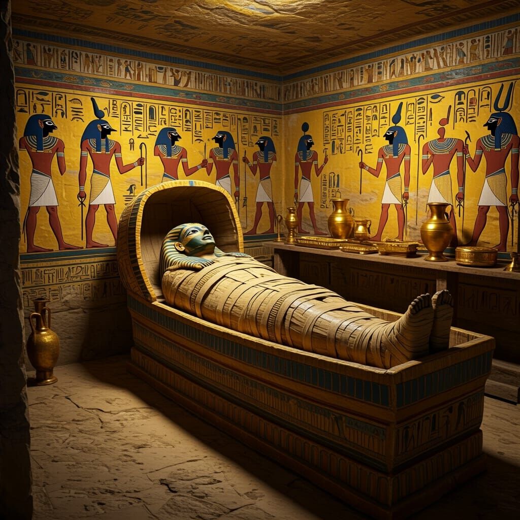 Egyptian Tomb Interior with Mummy and Sarcophagus