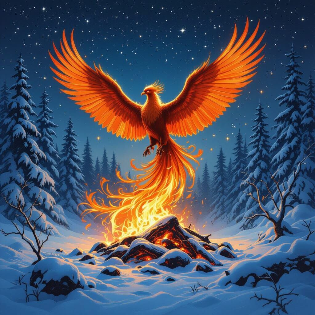 Phoenix and Winter Forest: A Chiaroscuro Fantasy
