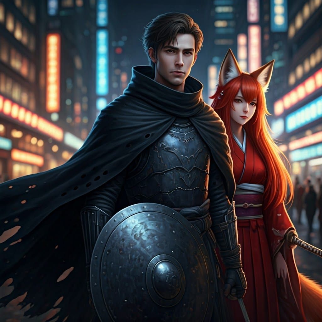 Young Adventurer Stands Tall in Neon-Lit Metropolis