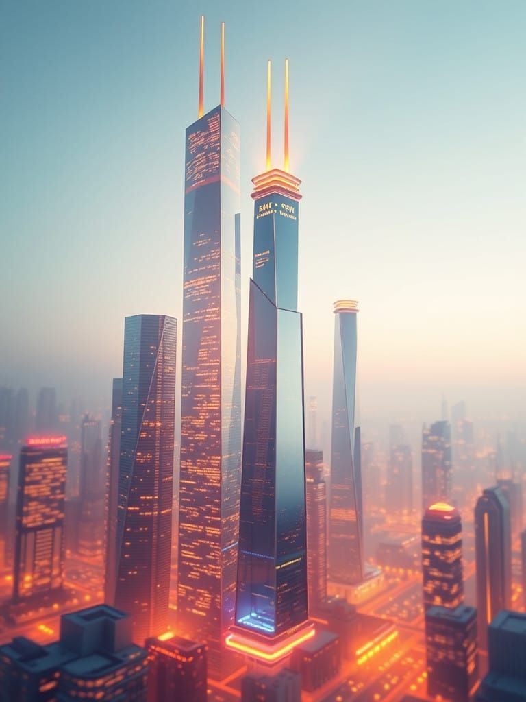 Glowing City Towers in Soft Golden Light
