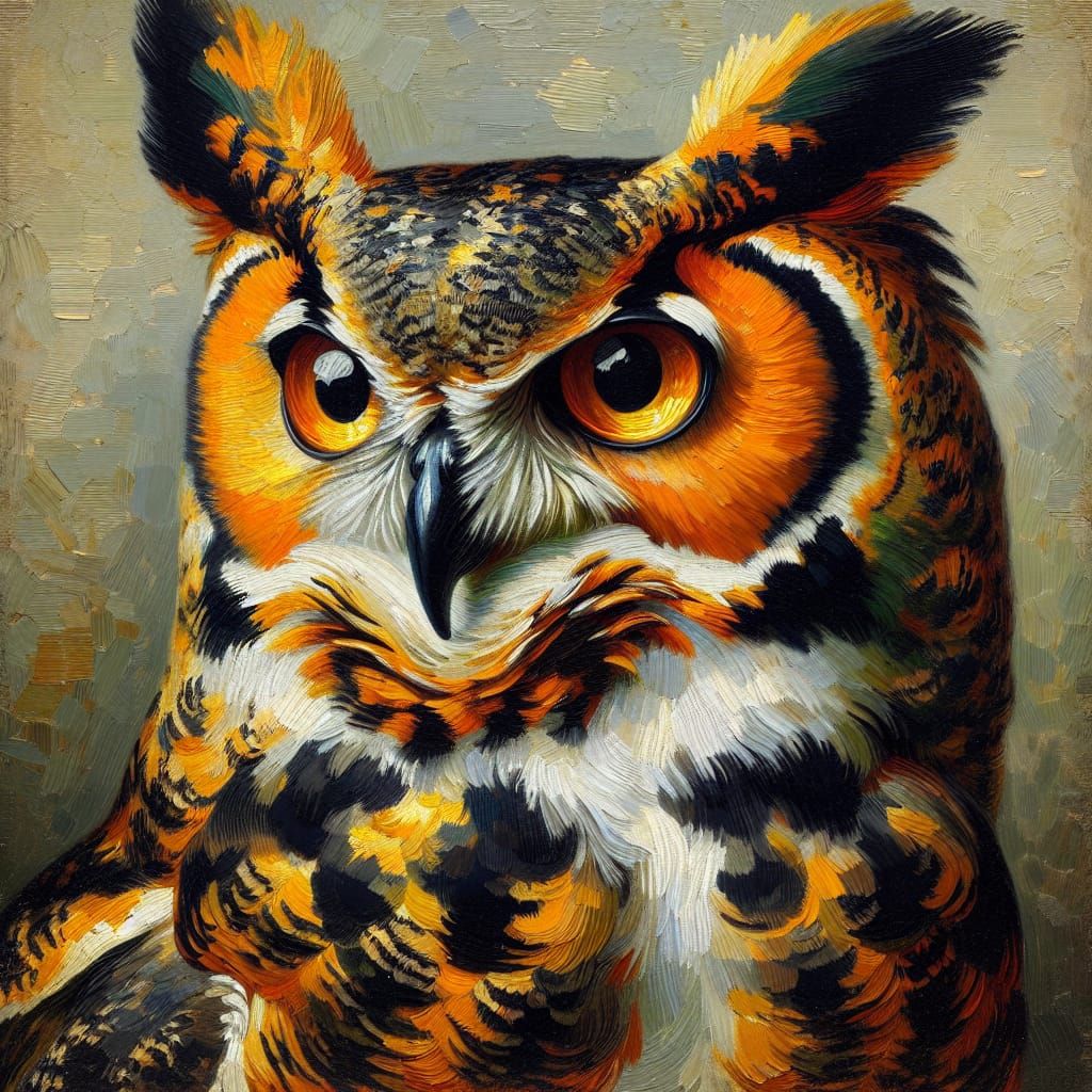 Colorful Great Horned Owl Oil Painting