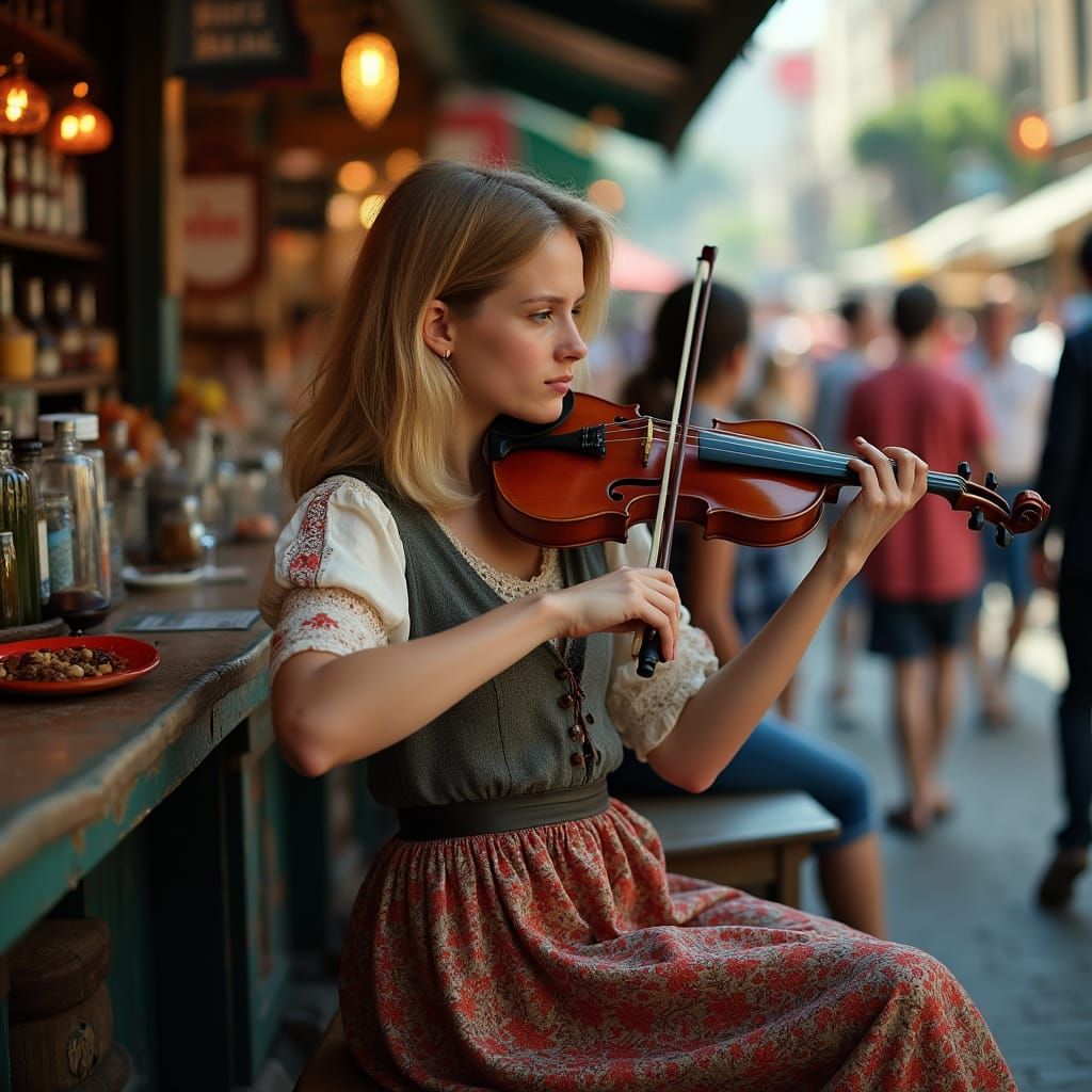 Irish Market: Woman Playing Violin in Photojournalistic Styl...
