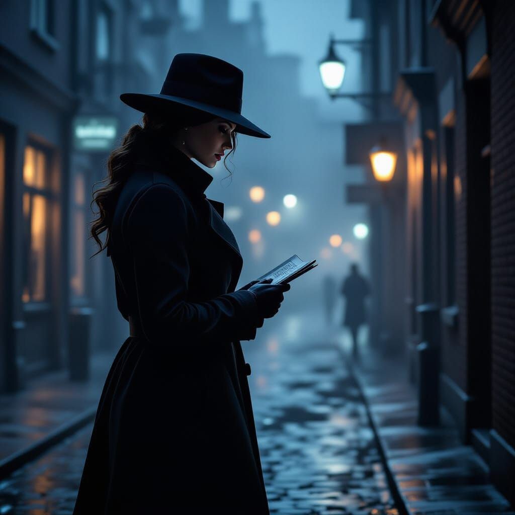 Photorealistic Lady Detective Investigates Crime Scene