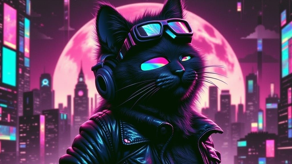 Cyberpunk Cat in Futuristic Cityscape