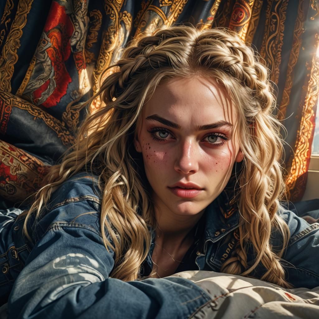 Hyperrealistic Portrait of College Girl in Bed