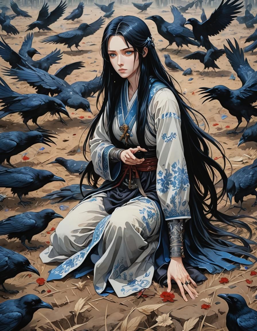 Anime Woman Cares for Wounded on Battlefield