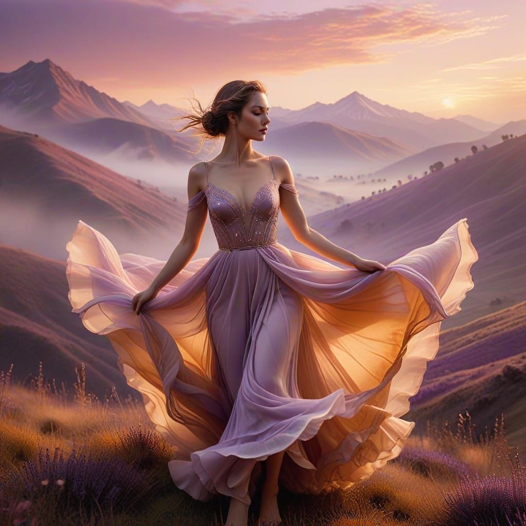Sensual Danseuse in Warm Golden Light, Fantasy Landscape