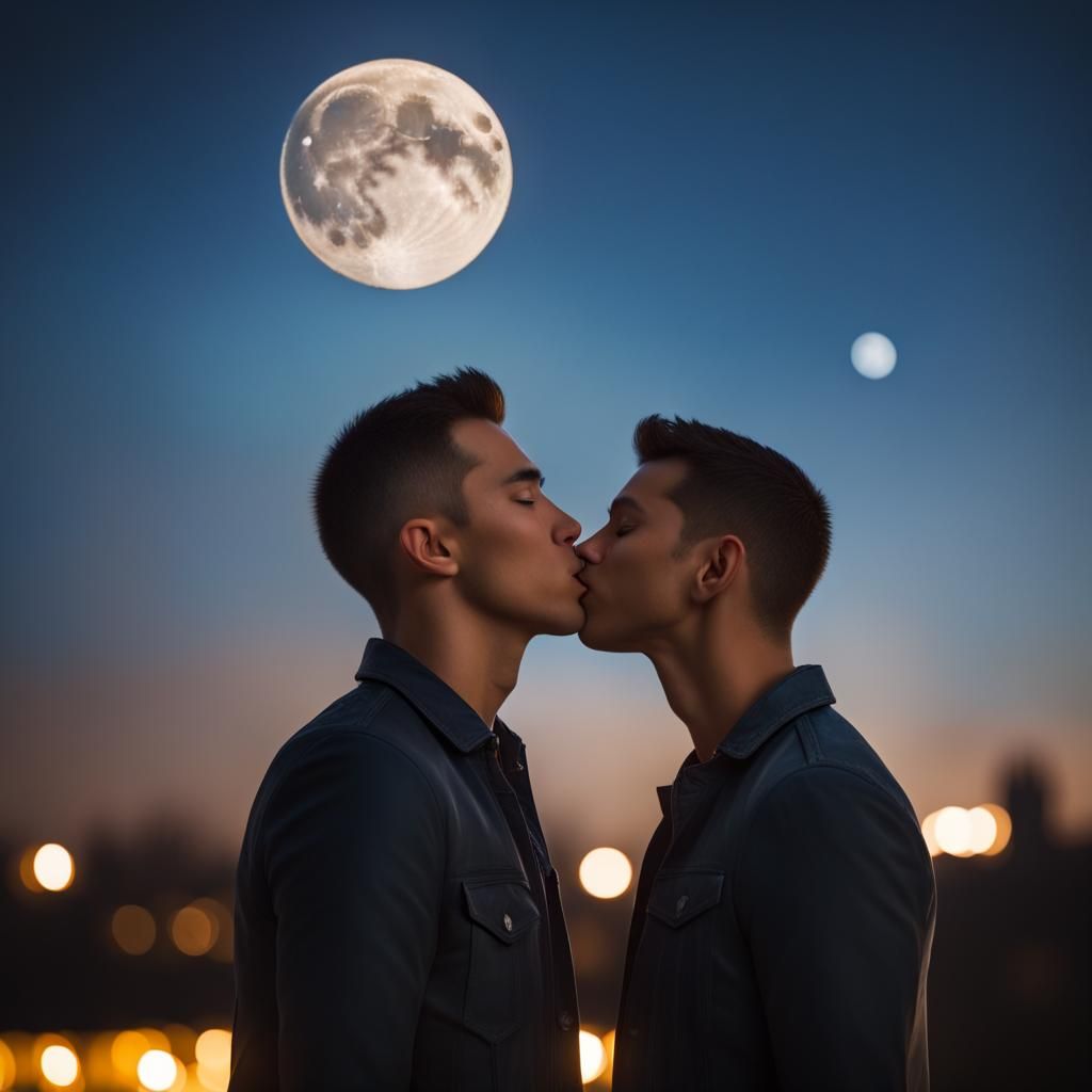 gay couple kissing under the moon