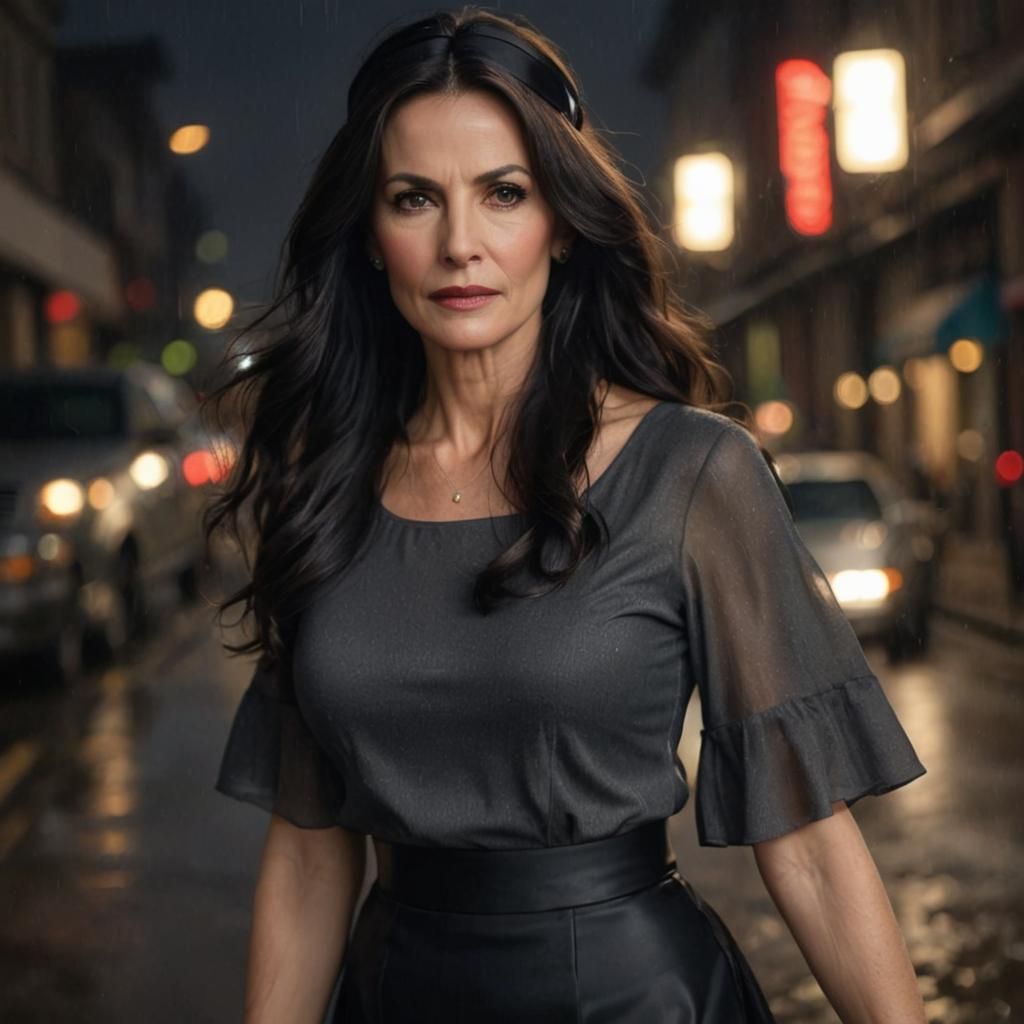 Hyperrealistic Portrait of Woman on Rainy Night