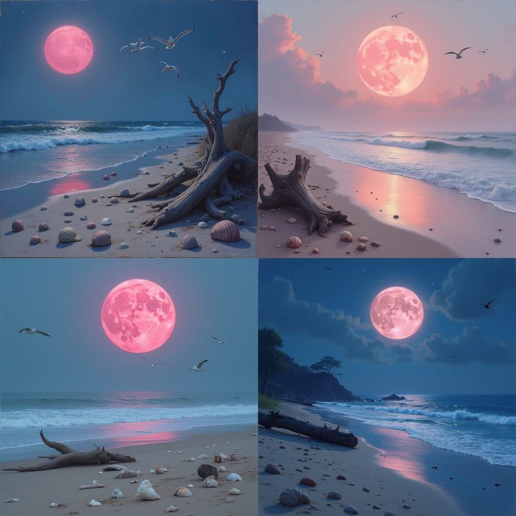 Pink Moon Illuminates Ocean Beach with Driftwood and Seashel...
