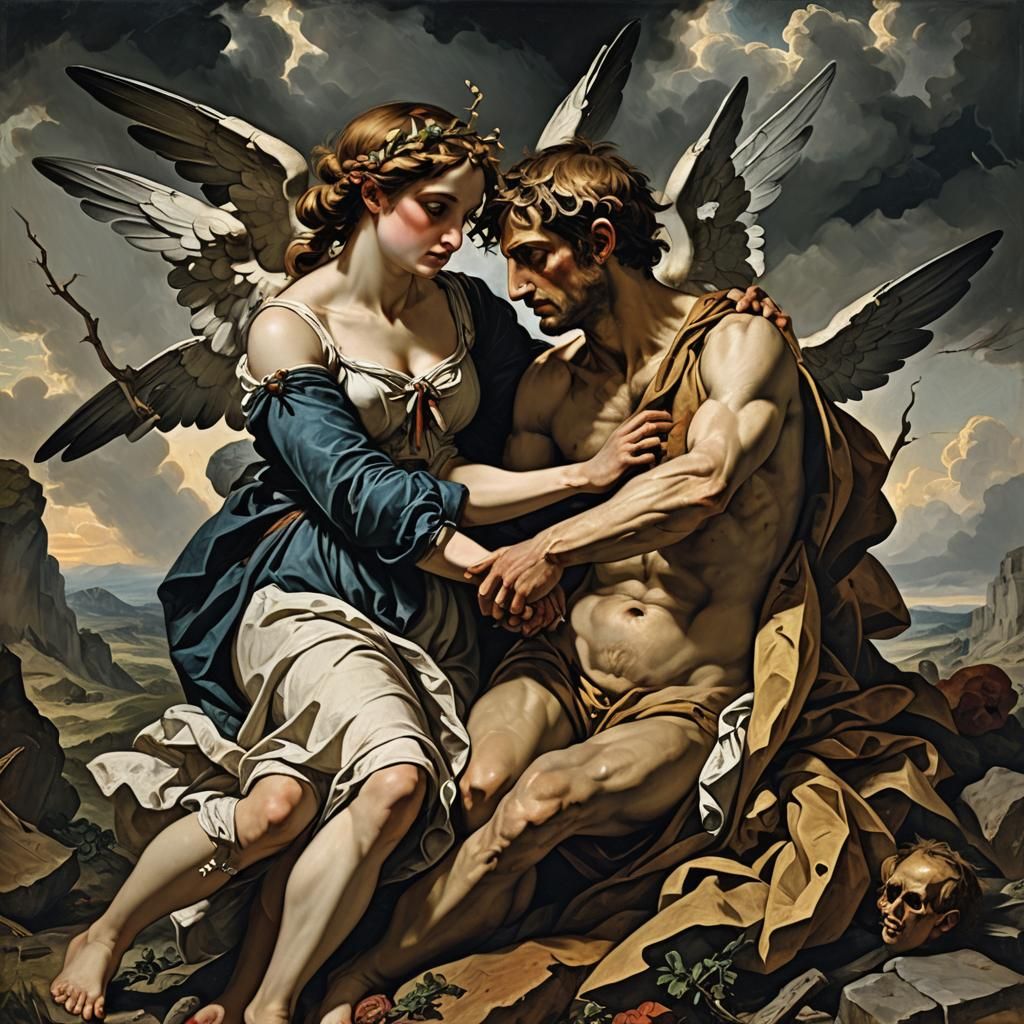 Cupid and Psyche's Heartbreak in Romanticism Style