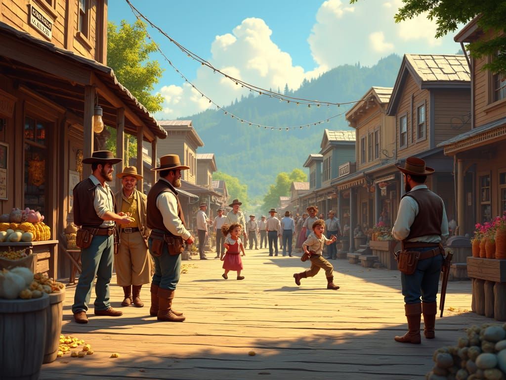 Pixar Style 19th Century Gold Rush Town Scene