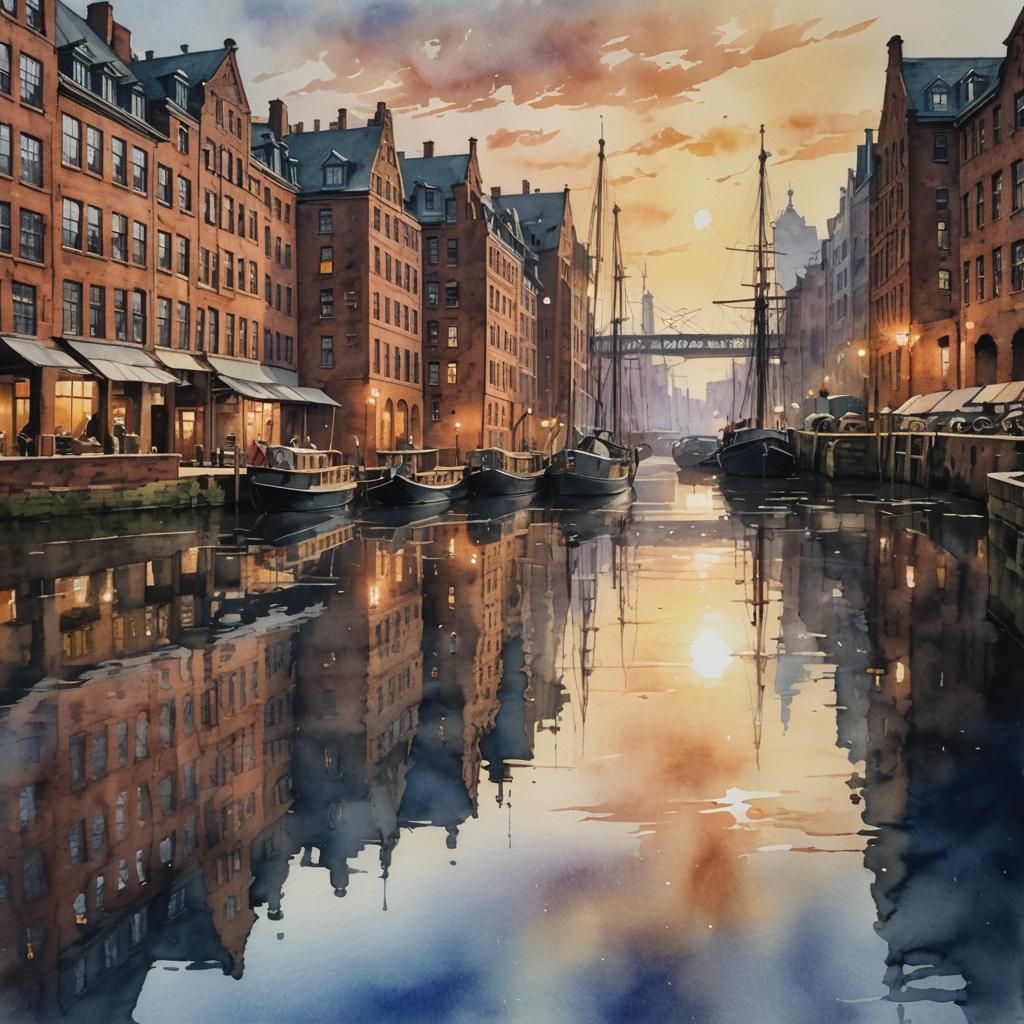 Hamburg's Speicherstadt in Watercolor Style