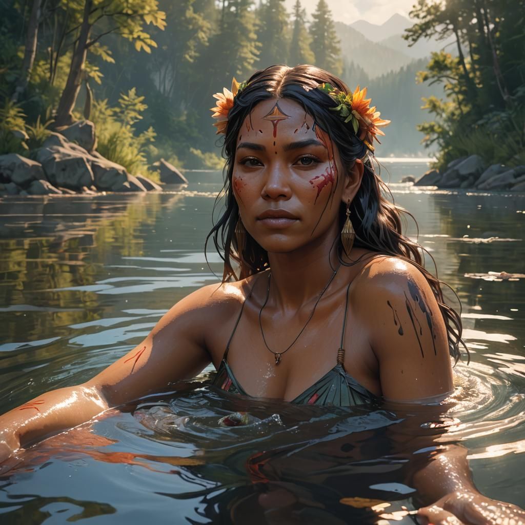 Native Woman Bathing: Hyperdetailed Artstation Portrait