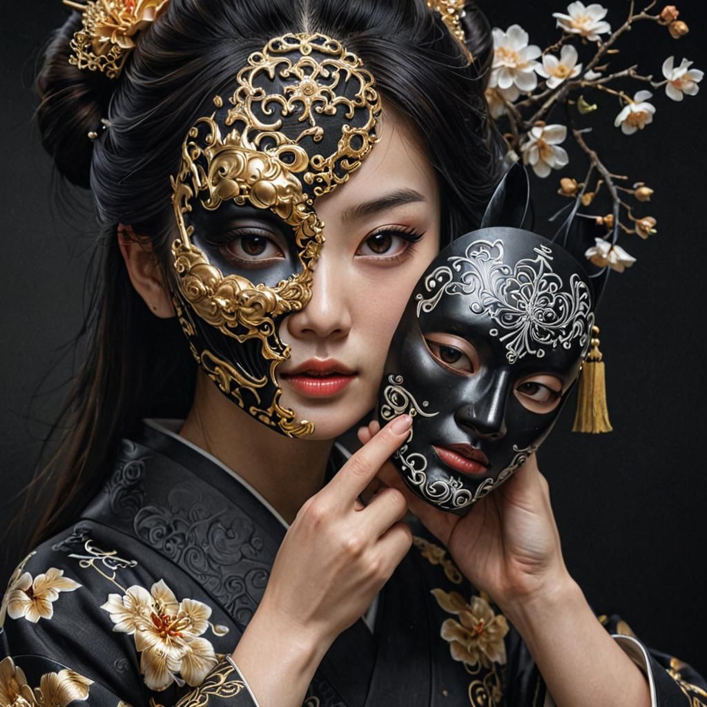 Geisha with Demonic Mask: A Dark Fantasy Portrait