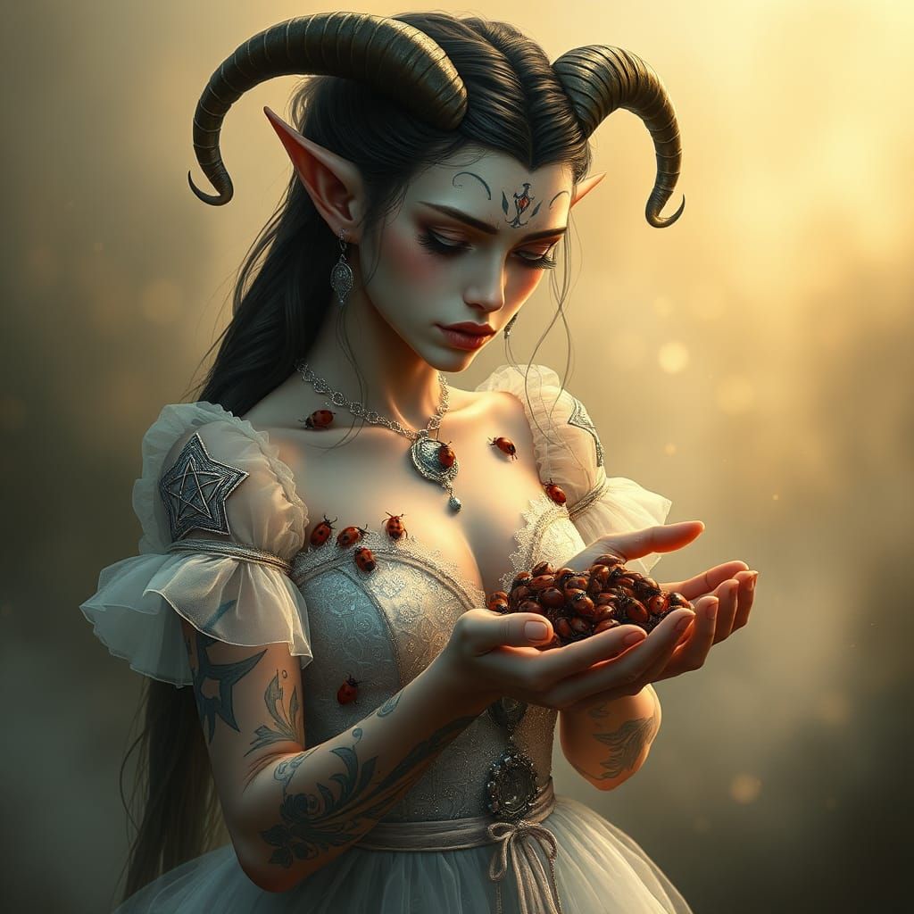 Tiefling Ladybug Portrait in Ethereal Style