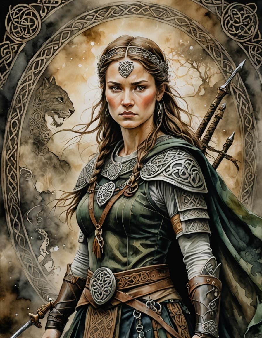 Celtic Female Warrior in Silk Painting with Ink Wash