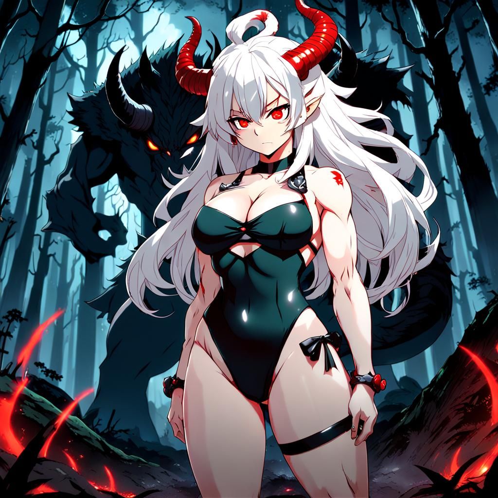 Muscular Naga Girl with Horns in Anime Style