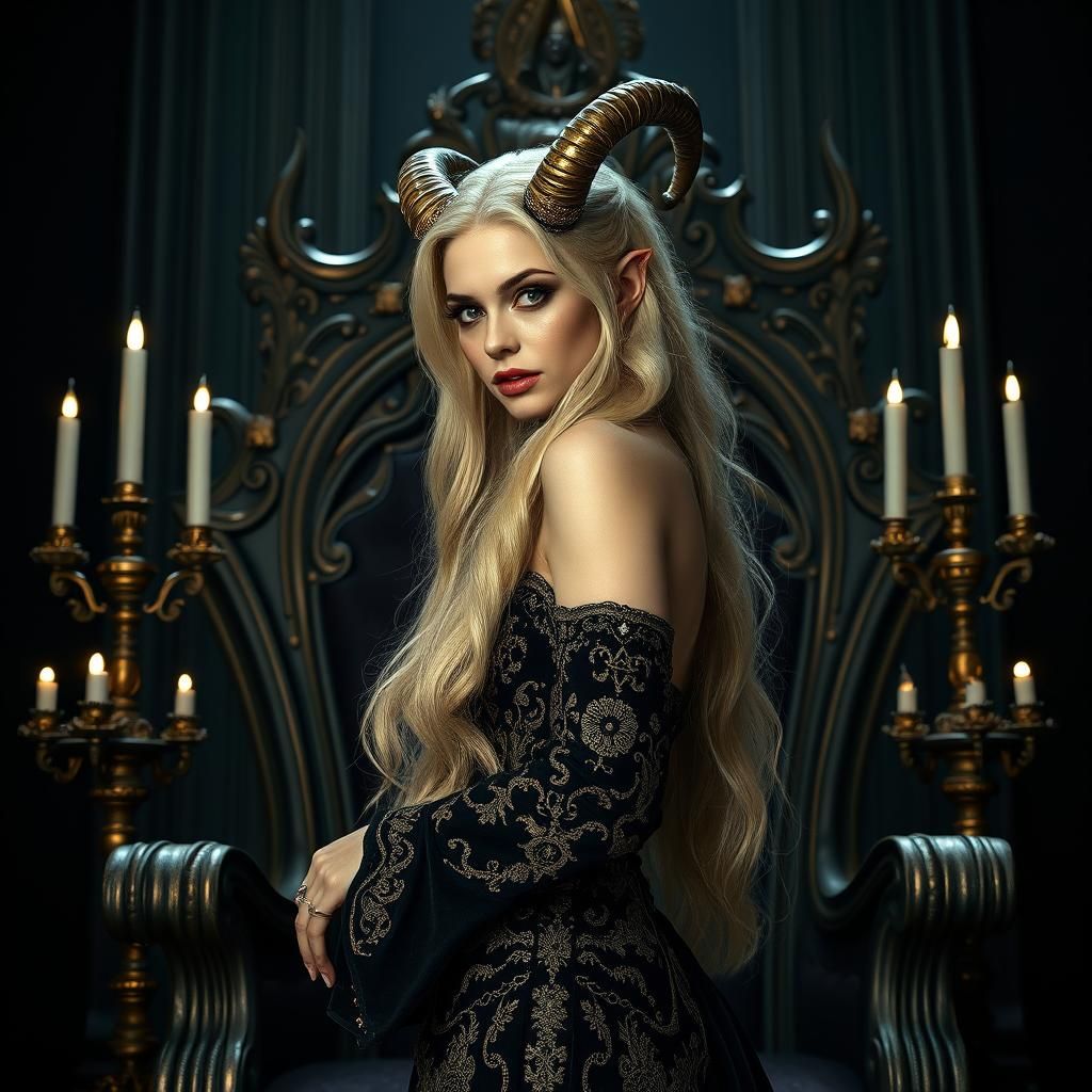Blonde Demoness Radiating Power in Ornate Throne Room