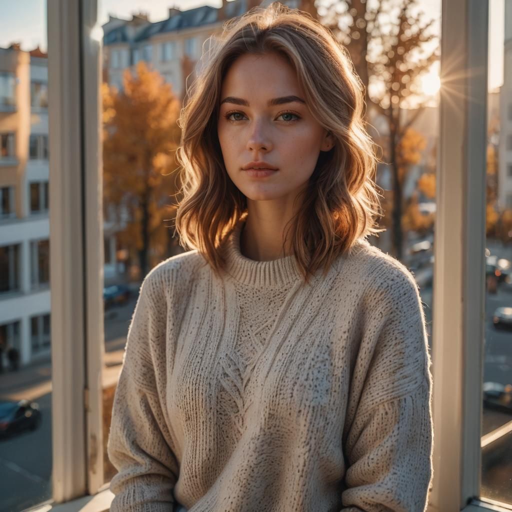 Girl Gazing at Autumn Daybreak: Photorealistic Portrait
