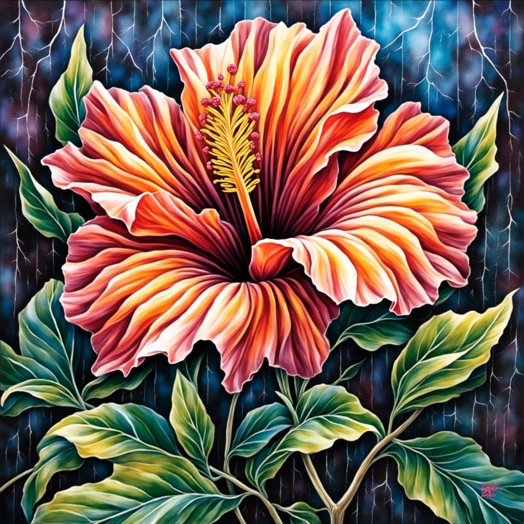 Hibiscus Flower Double Exposure in Ebru Marble Style