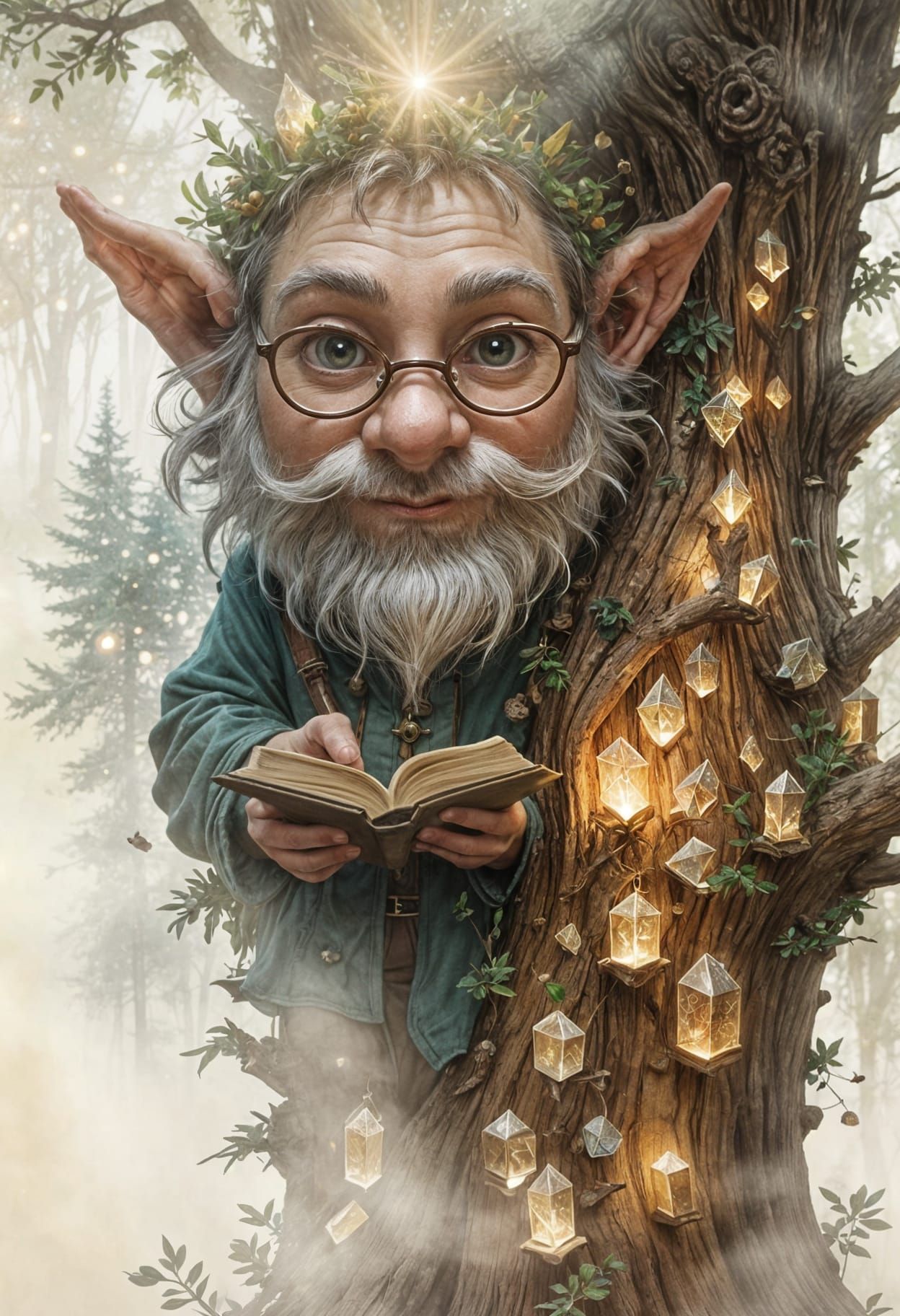Gnome Librarian in Sequoia, Arthur Rackham Style