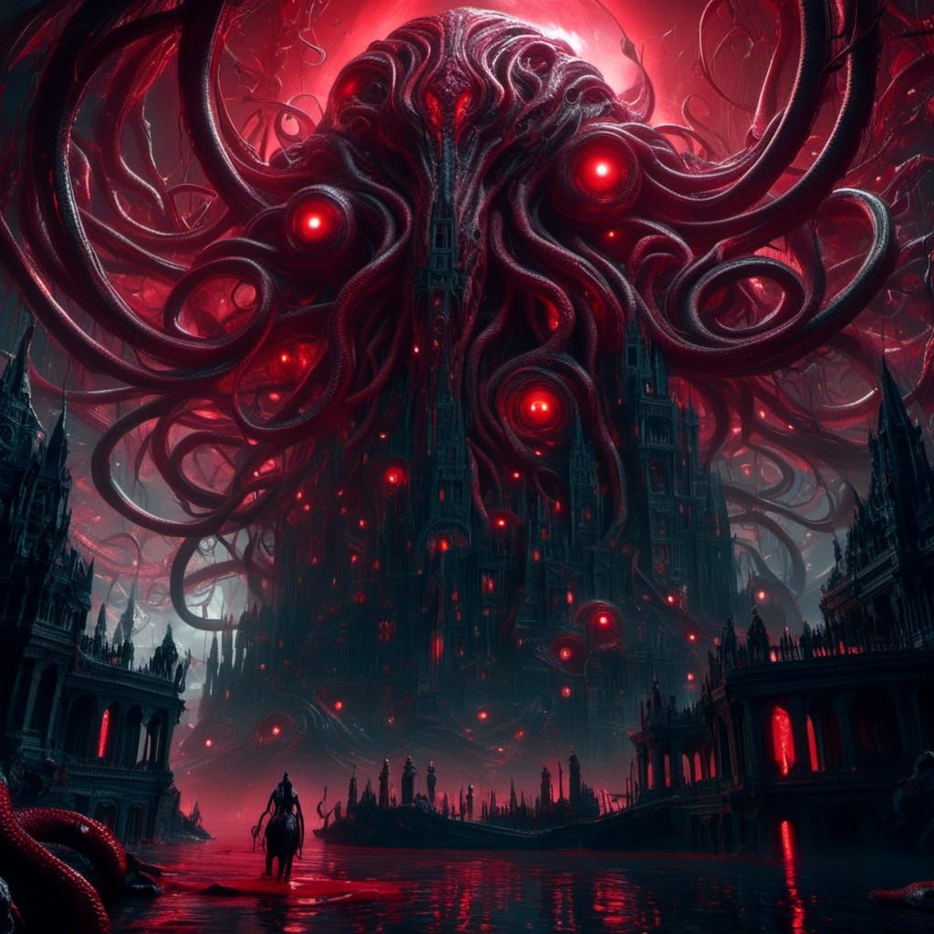 Lovecraftian Snake Monster Coiled Around Ruined Tower