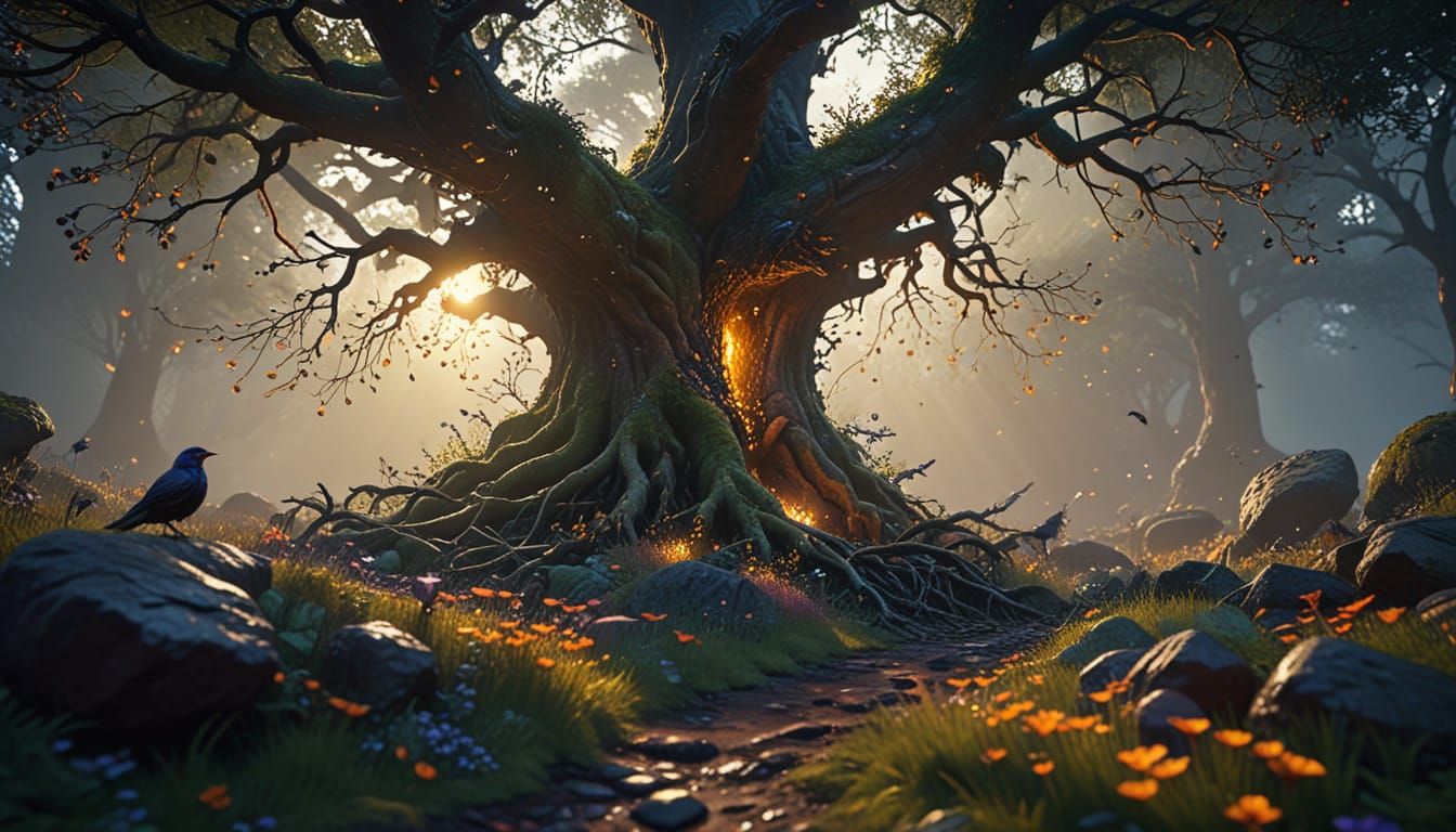 Mystical Forest: Old Man and Ancient Tree at Sunset