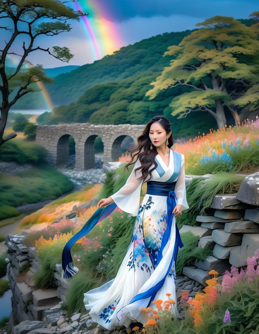 Surreal Watercolor: Korean Woman in Wildflower Field