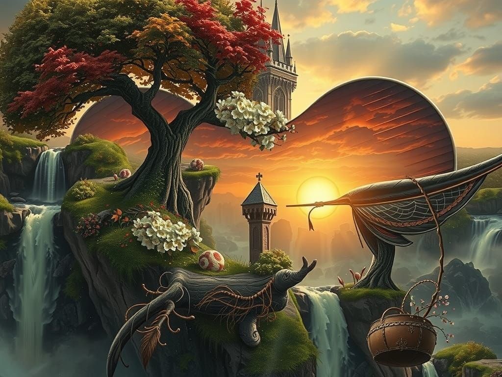 Fantasy Feather Landscape with Waterfall and Ancient Church