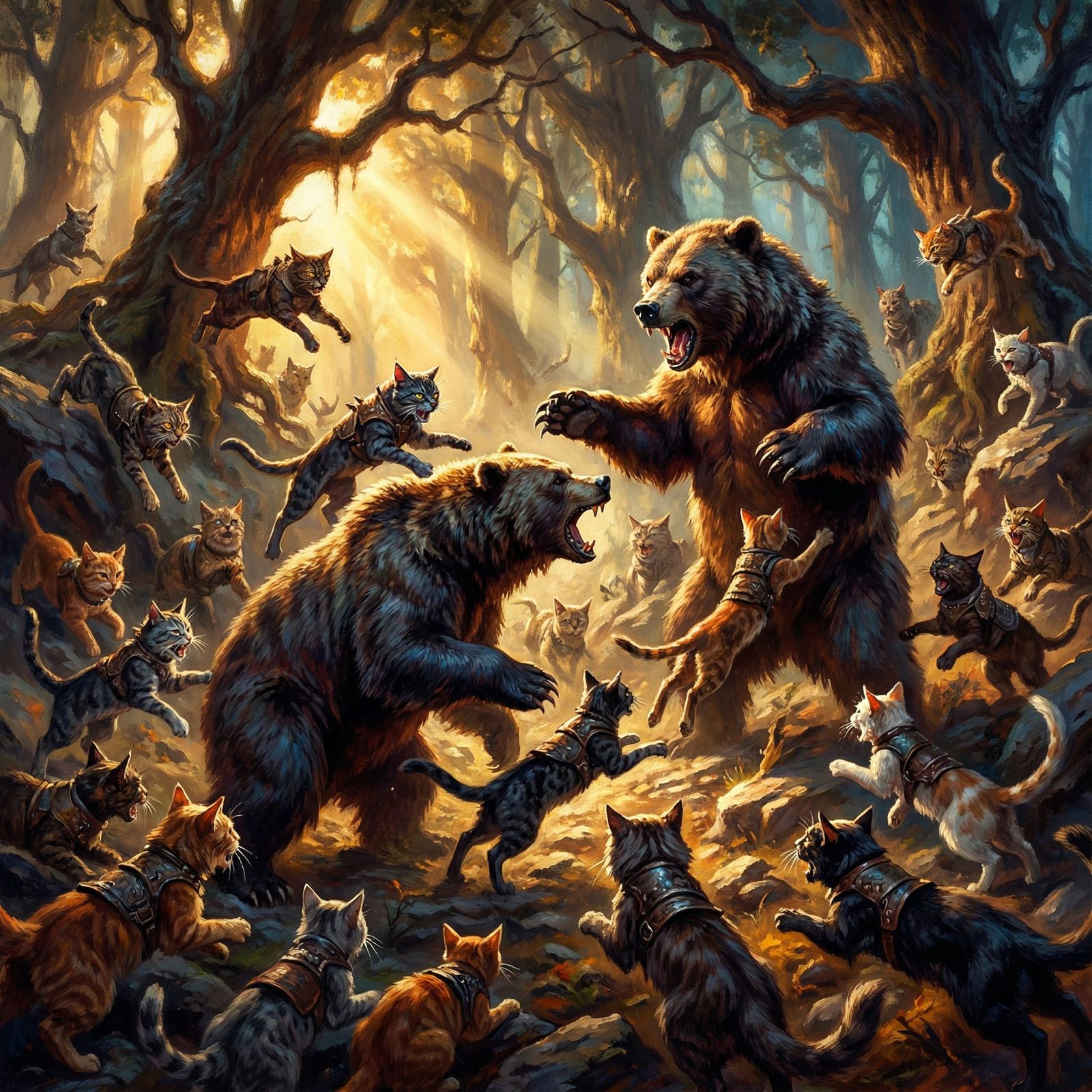 Epic Cat Army Battles Grizzly Bears in Fantasy Art