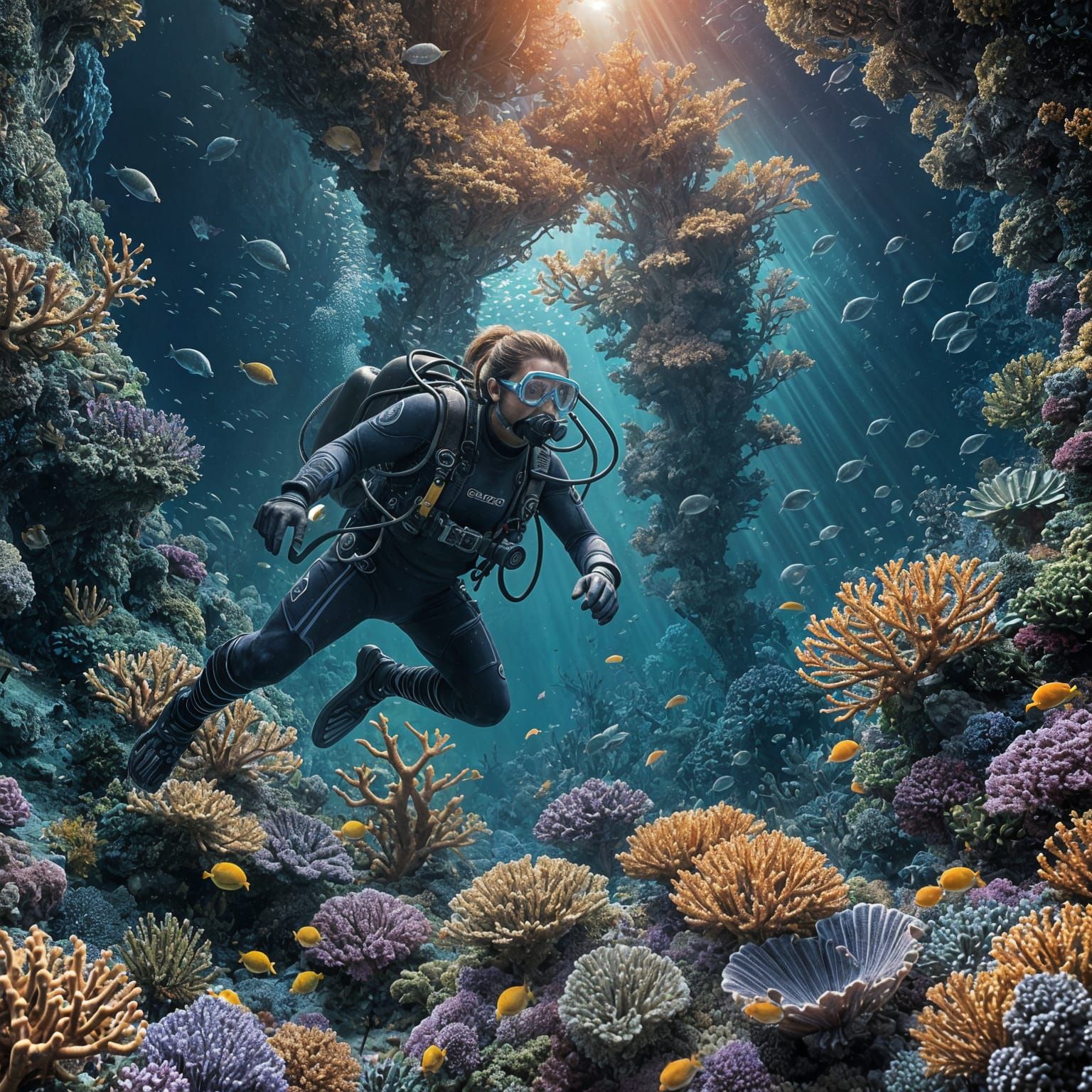 Scuba Diver Explores Coral Reef in Deep Blue Ocean