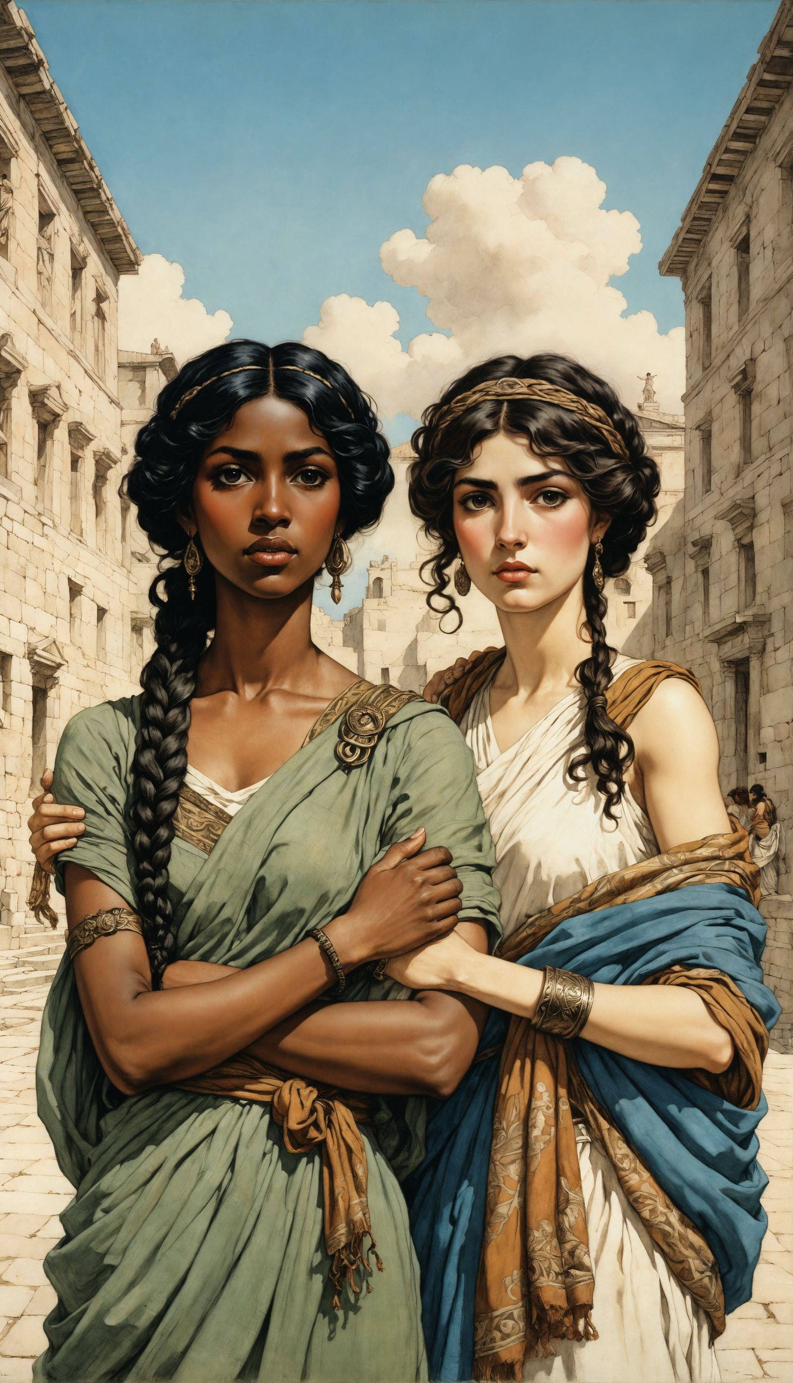 Two Women in Greek Attire, Illustrative Style