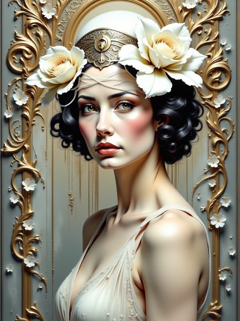 1920s Girl with Rose in Surreal Art Deco Style