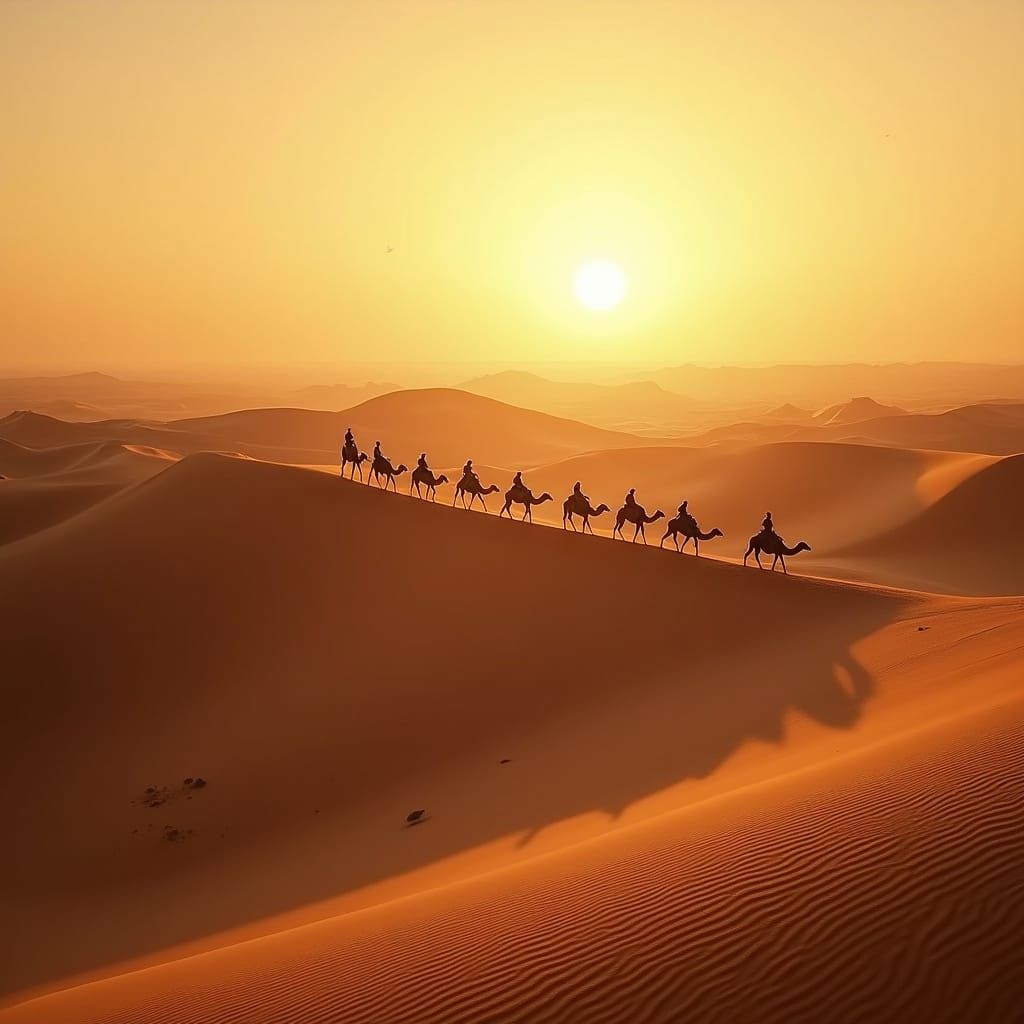 Desert Sunset Vista with Camel Caravan