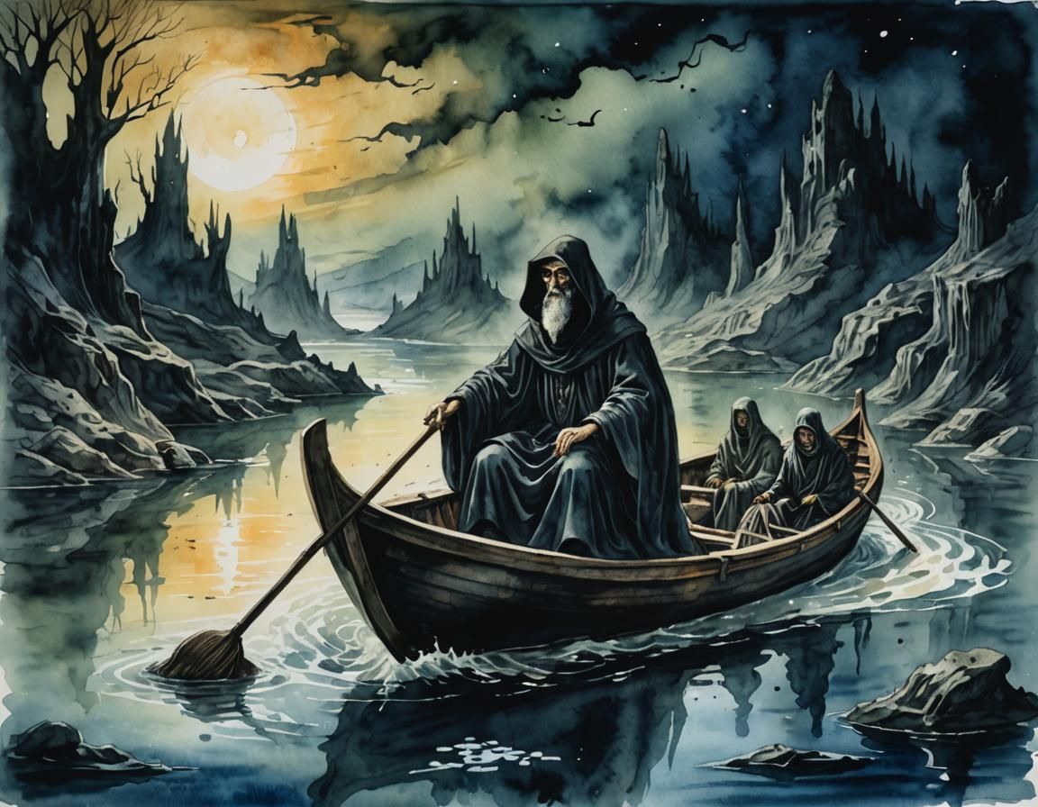 Ferryman on the River Styx: Watercolor Painting