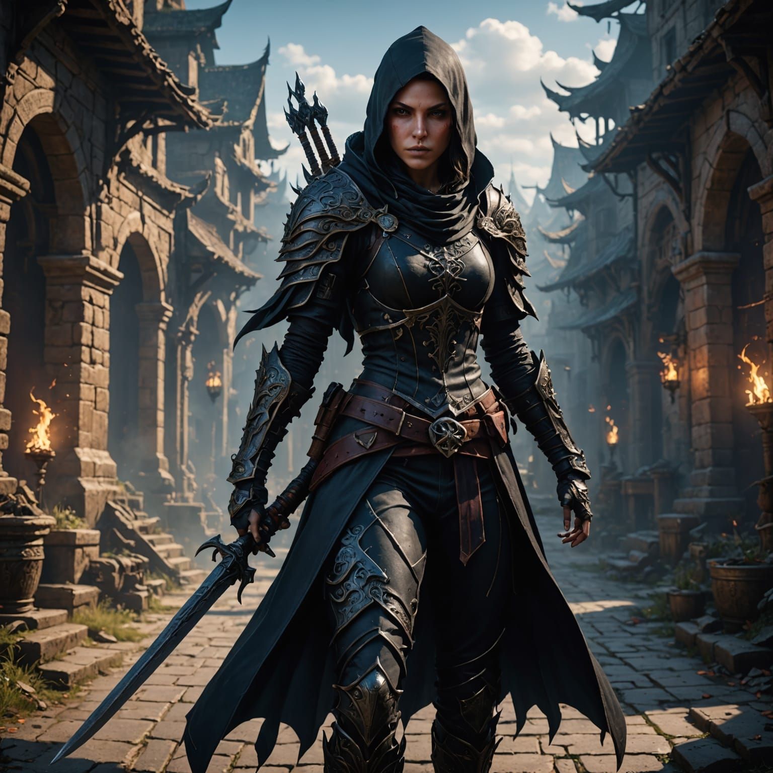 Ethereal Fantasy Assassin in a Realm of Deep Blues and Purpl...