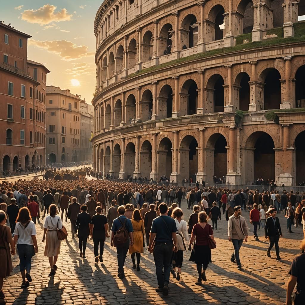 Baroque Crowd Walks to Colosseum: Caravaggio Style
