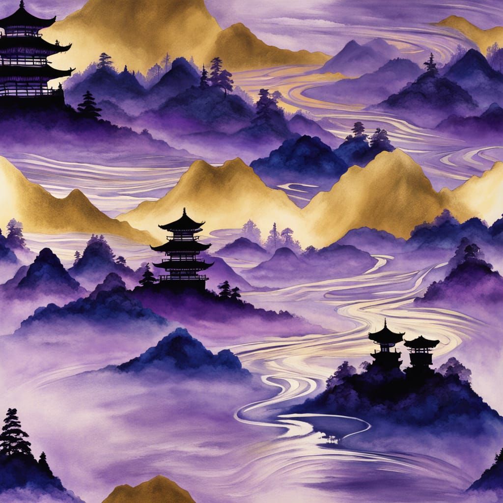 Edo Style Landscape in Crystal Water with Vivid Ink