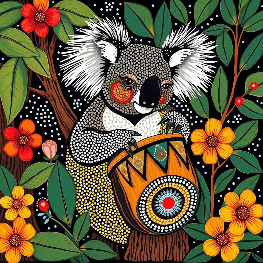 Vibrant Aboriginal Koala Drumming in Eucalyptus Forest