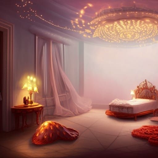 Fantasy bedroom, clam shell bed, with glowing jelly fish, lanterns, coral, window on celling, chandelier, vanity, chair,...