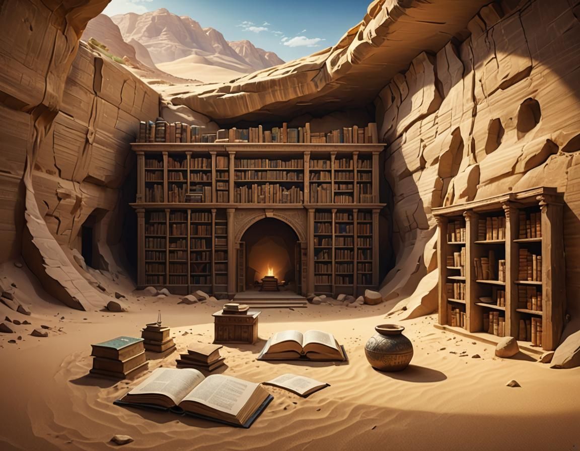 Ancient Desert Library with Papyrus and Books