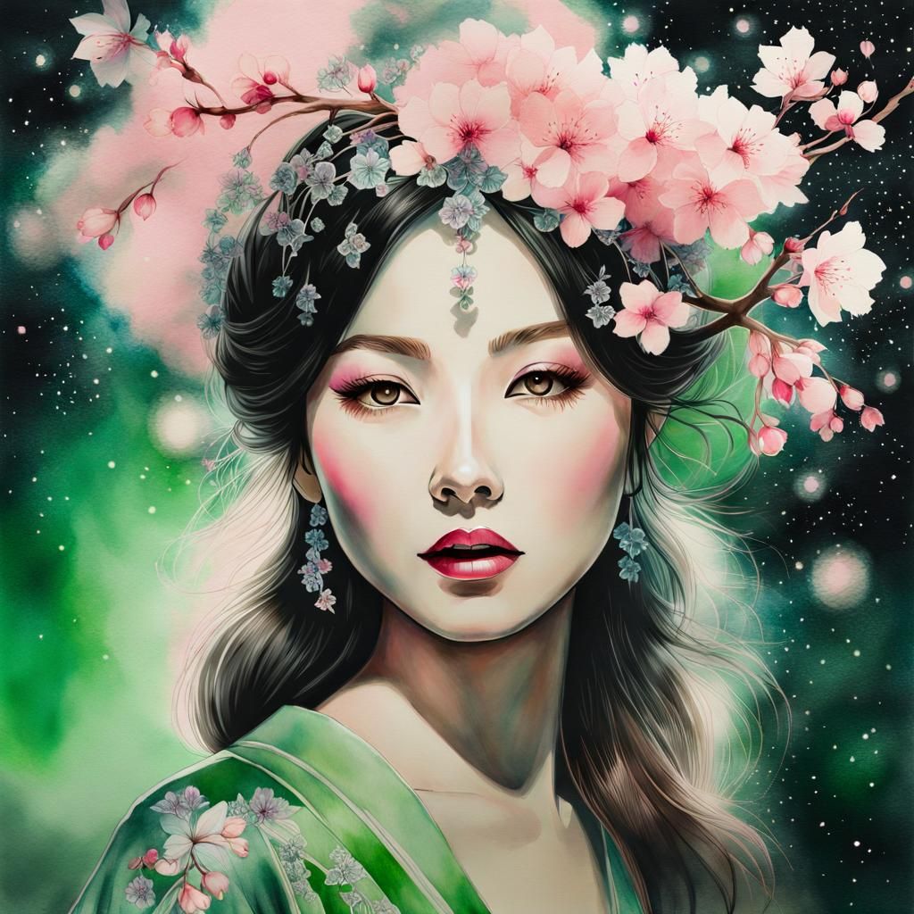 cherry blossom, night sky, stars, watercolour, pencil drawin...