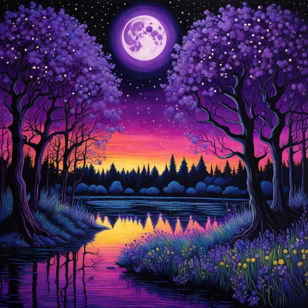 Gothic Bioluminescent Lake: a Hyper-Detailed Blacklight Pain...