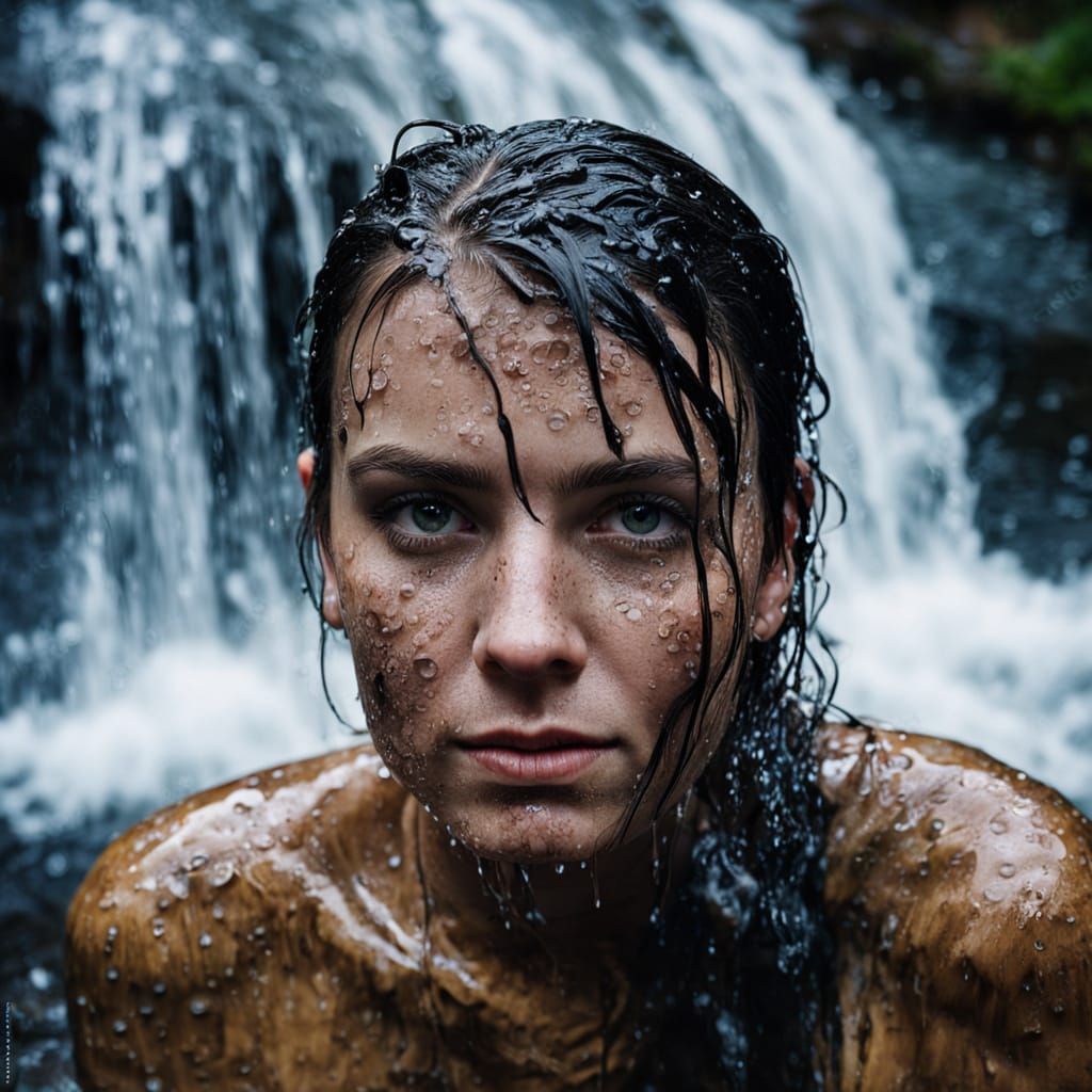 Macro Portrait of a Tattooed Woman in Waterfall Splash