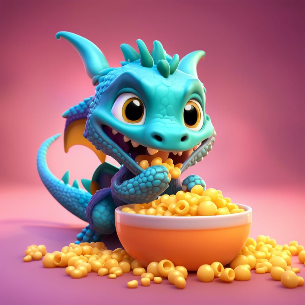 Chibi Dragon Enjoys Macaroni, Pixar-Style 3D Art
