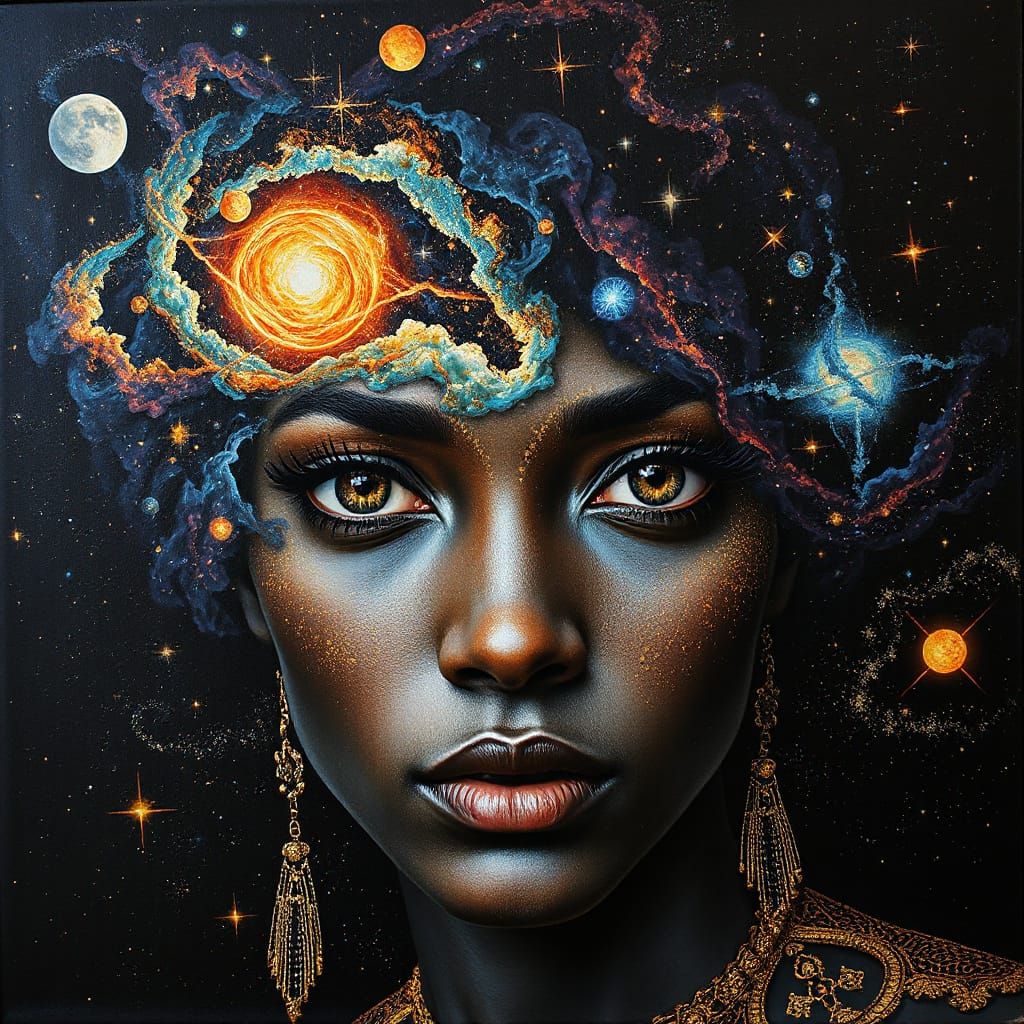 Afro-Surrealist Galaxy Portrait in Trompe L'oeil