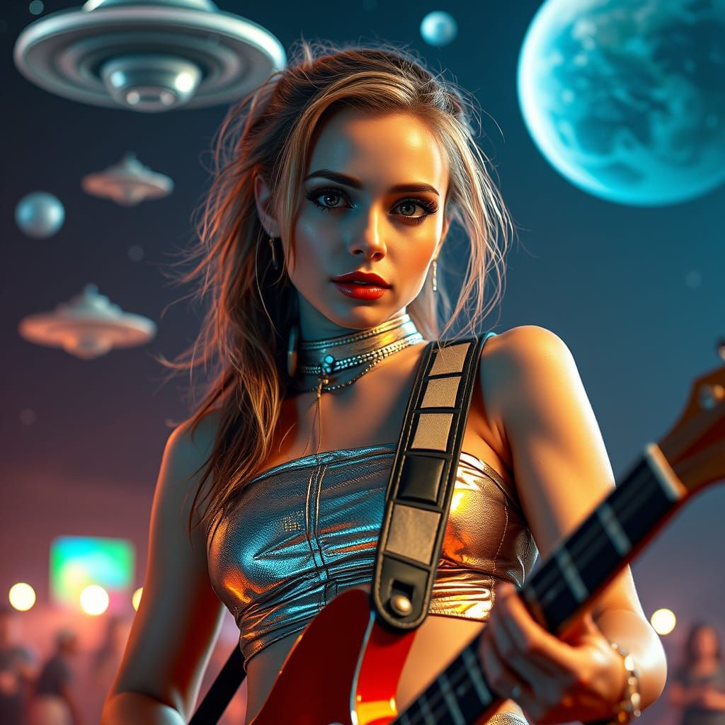 Cyberpunk Musician in Galaxy Concert, Photorealistic